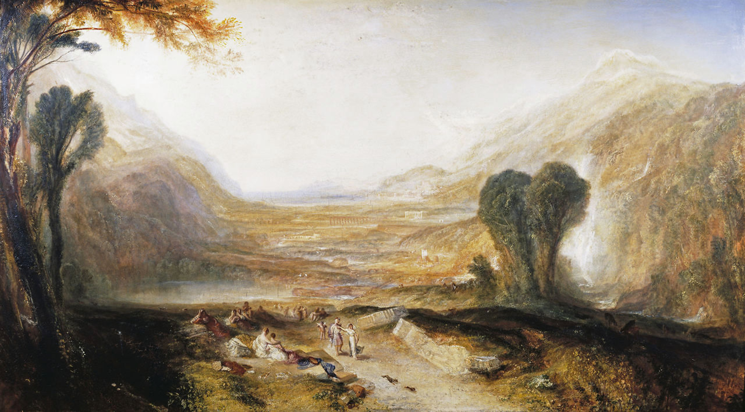 <p>Turner vekslede mellem samtidige motiver og dramaer hentet fra den græsk-romerske mytologi. Fælles for hans tableauer er lyset og dets spredning, som binder motivet sammen. J.M.W. Turner: <em>Historien om Apollo and Daphne </em>(cirka 1837). Copyright: Tate</p> Foto: Tate Turner, Joseph Mallord Will